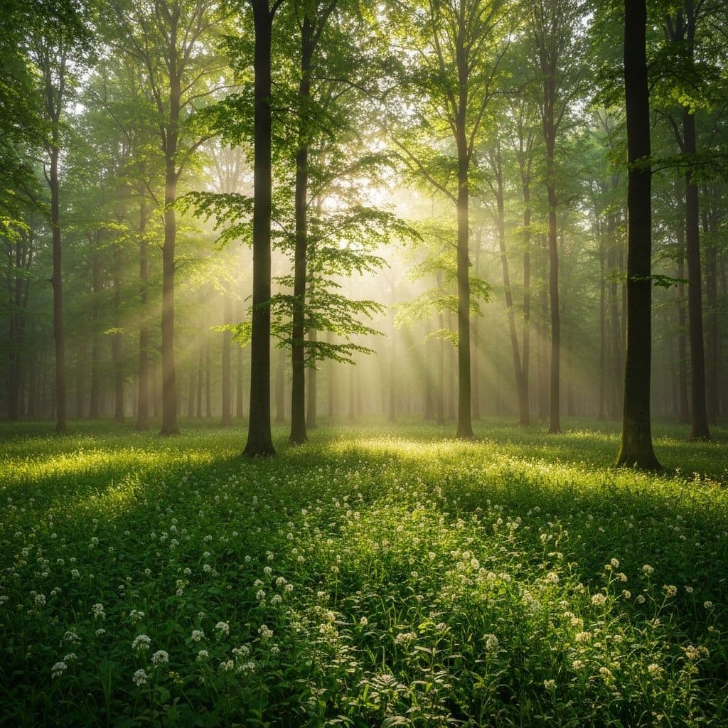 Forest with sunlight streaming through trees
