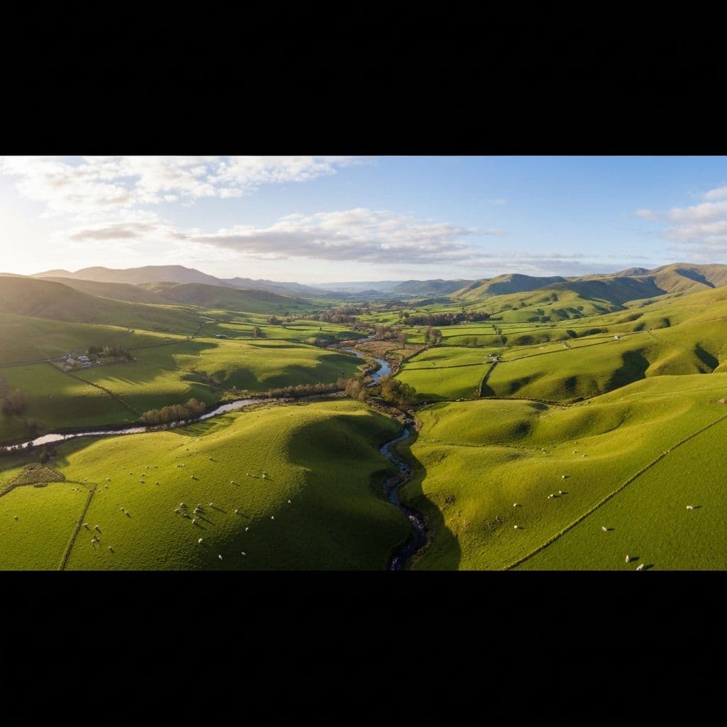 Aerial view of rolling green hills